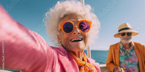 Lifestyle portrait of eccentric elderly couple in colorful pink and orange outfits taking a selfie on boat vacation, Generative AI