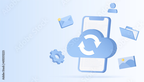 Online cloud computing technology concept. Backup, management upload and download, synchronization, sharing and transferring information. Flat vector design illustration.