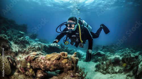 scuba divers exporing underwater caves Generative AI photo