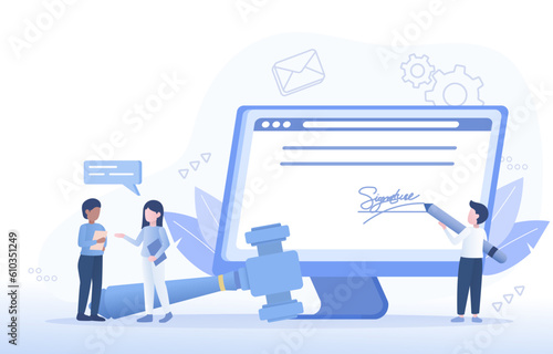 Online contract concept. Agreement and sign electronic legally binding documents. Management contract, buy, sell, rent, borrow. Flat vector design illustration.
