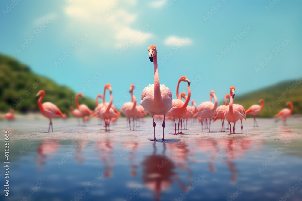 Naklejka premium flamingos in the lake sunshine with Ai Generated