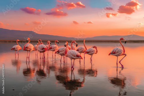 flamingo in the sunset on the lake with Ai Generated