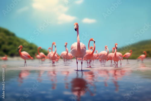 flamingos in the lake sunshine with Ai Generated