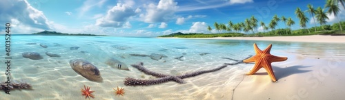 The beach background with starfish on the sand and water