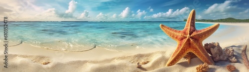 The beach background with starfish on the sand and water
