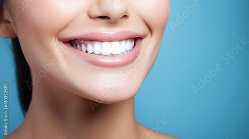 Dental care, beautiful smile of healthy woman, white teeth coloseup, dentist tooth whitening photo