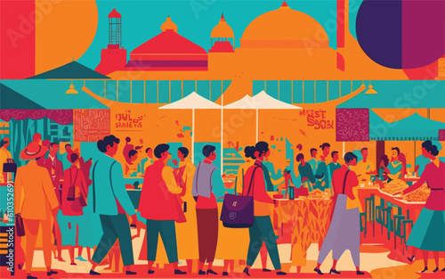 vector styled background illustration depicting a bustling market scene with vibrant stalls, diverse people, and a variety of products. The illustration should capture the energy and diversity of a