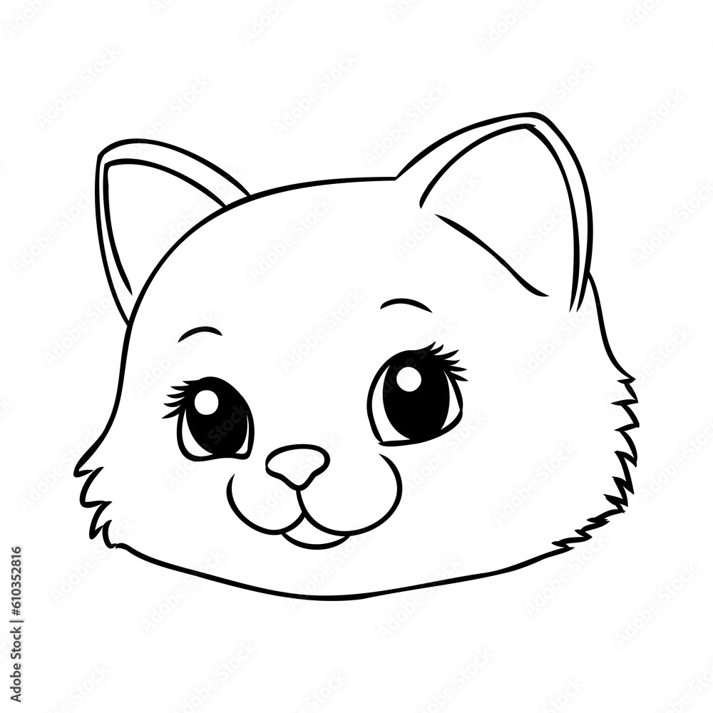 Coloring Page Outline Of cartoon little cat on flower clearing. Cute kitten with butterfly. Pet. Coloring book for kids