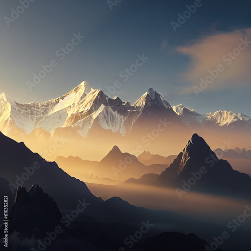 The rising sun behind the high snowy mountains. The sun hides behind the mountains. AI-generated