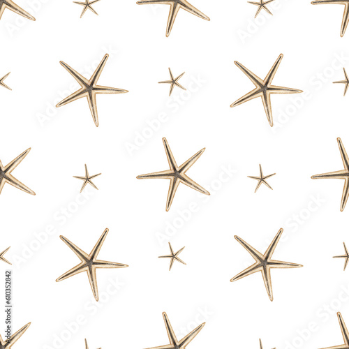 Srarfish seamless Pattern. Hand drawn watercolor illustration of Star Fish ornament on white isolated background. Drawing of Sea Shells texture for wrapping paper or textile design in marine style.