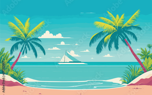 vector-styled background illustration depicting a tropical paradise with palm trees, white sandy beaches, and turquoise waters. The illustration should evoke a sense of relaxation and vacation vibes