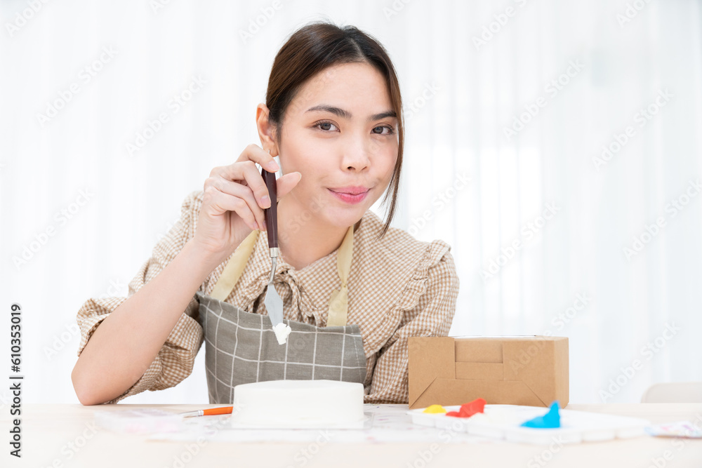 asian female chef bake delicious dessert face flour dough cake bakery with sugar cream and strawberry bake in home kitchen, homemade cake asian female chef bake delicious dessert face flour dough cake bakery with sugar cream and strawberry bake in home kitchen, homemade cake
