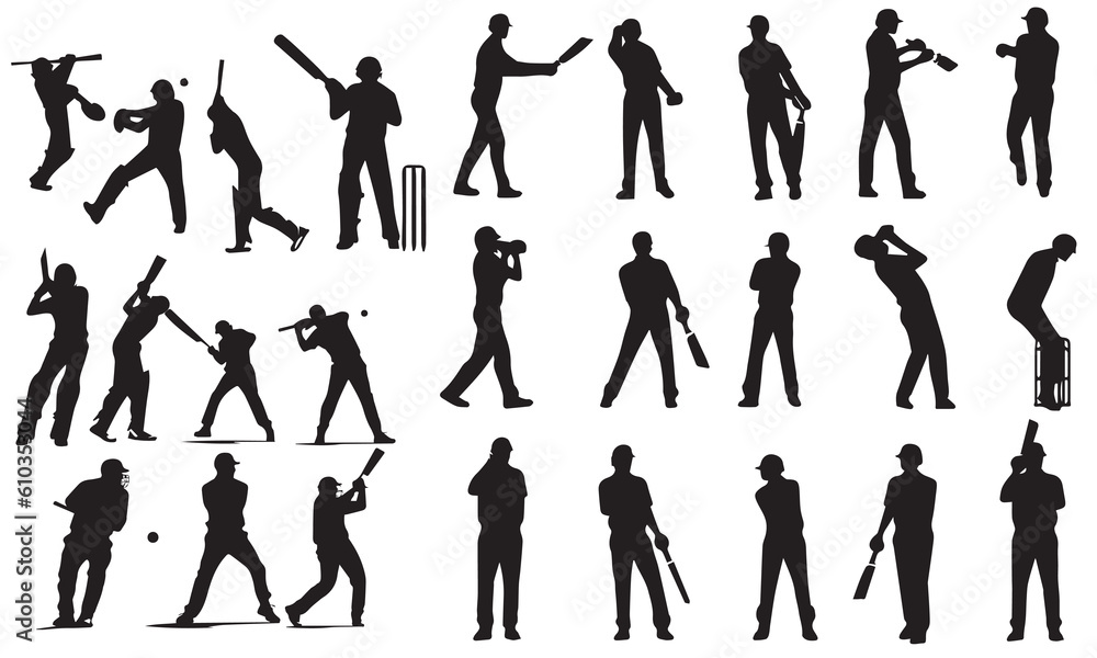 A set of silhouette cricket player vector illustration set