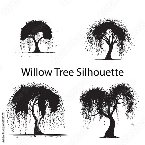 A set of willow tree silhouette vector illustration