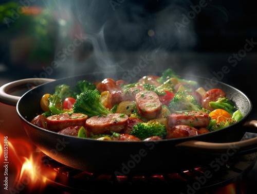 steaming skillet filled with chorizo and mixed vegetables
