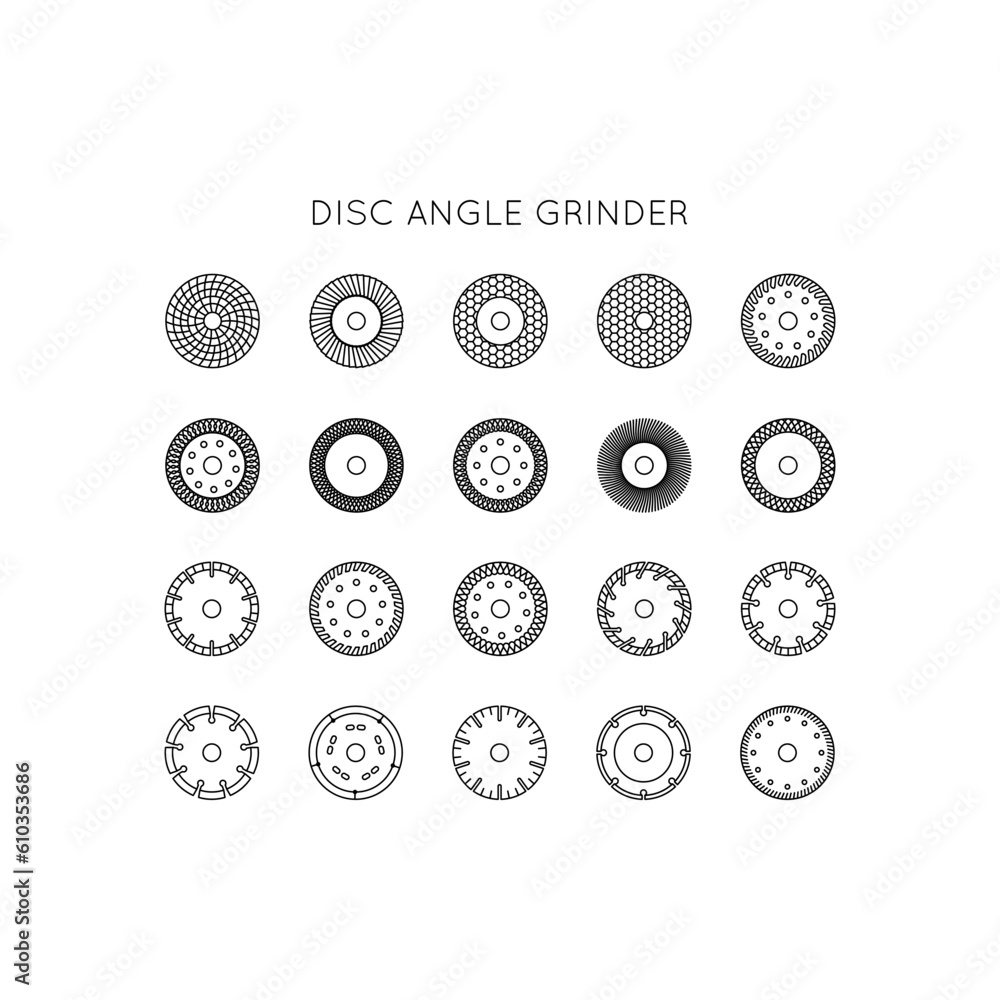 Diamond discs icons set. Discs for angle grinders. Cutting, metal, wood, concrete, granite, ceramics, asphalt, laminate. Diamond discs icons set. Discs for angle grinders. Cutting, metal, wood, concrete, granite, ceramics, asphalt, laminate.