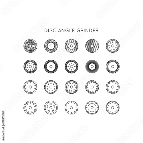Diamond discs icons set. Discs for angle grinders. Cutting, metal, wood, concrete, granite, ceramics, asphalt, laminate.