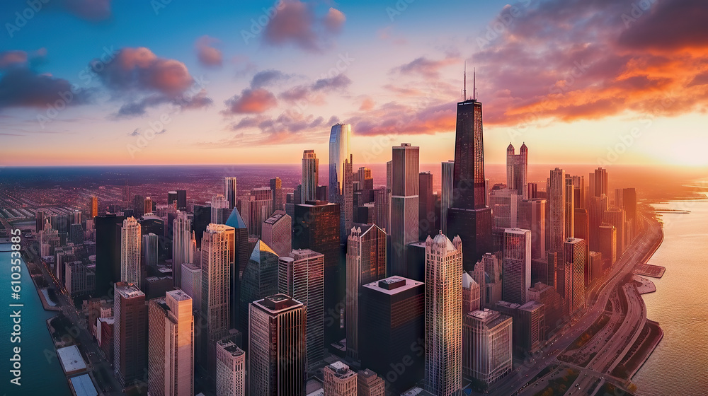 Chicago skyline at sunset with skyscrapers and lake Michigan, USA. Generative AI.