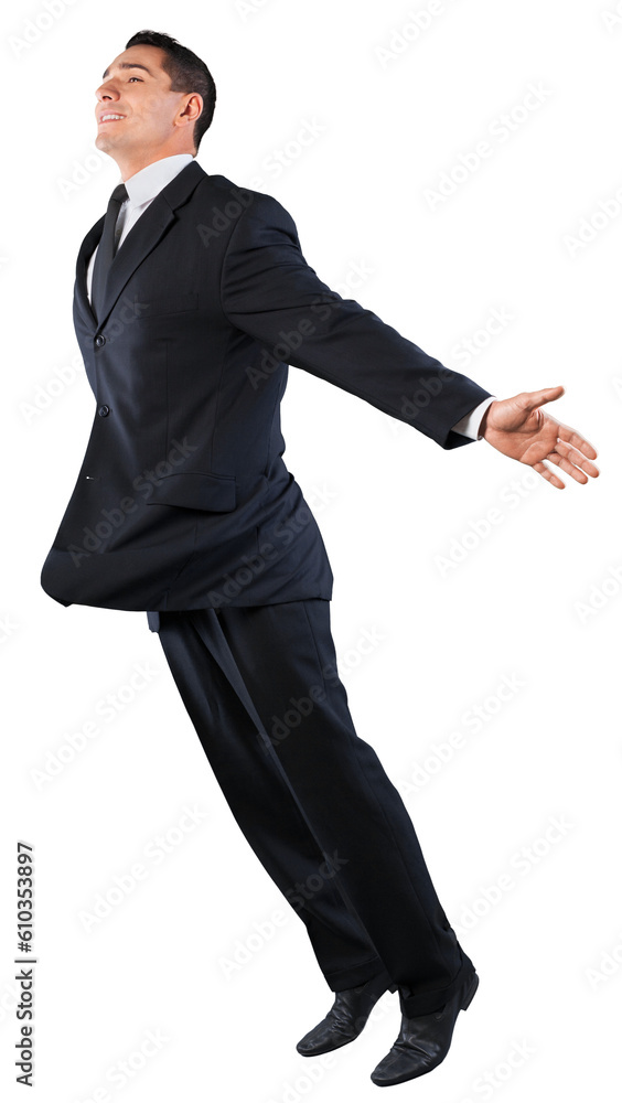 Businessman flying in a black formal suit