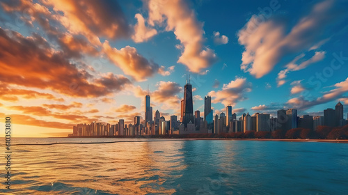 Chicago skyline at sunset, Illinois, United States. Generative AI. © AS Photo Family