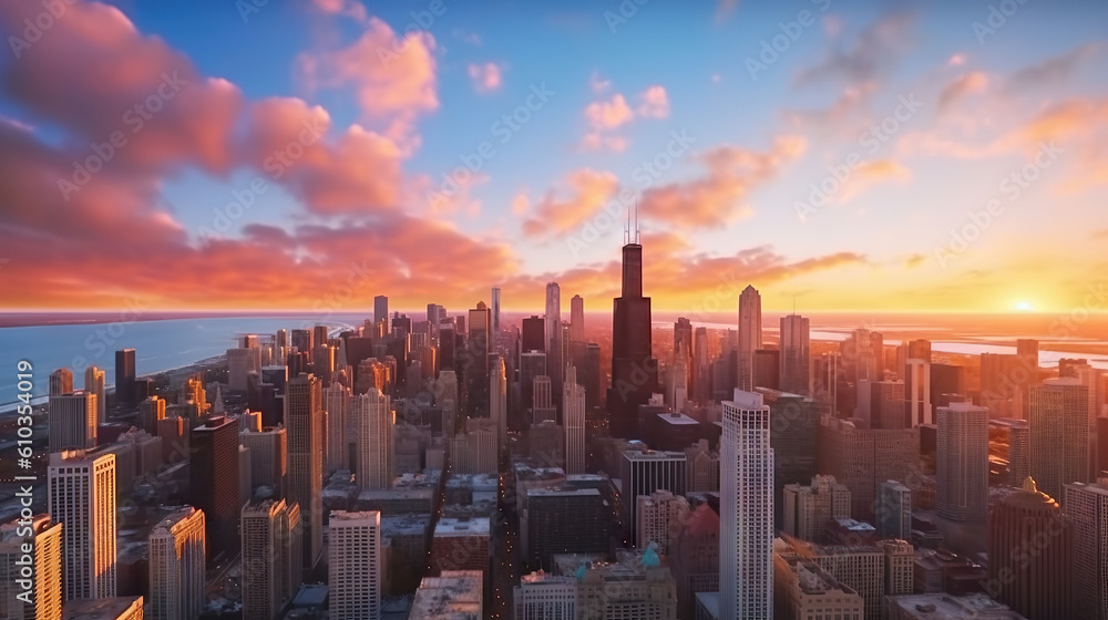 Aerial view of Chicago skyline at sunset, Illinois, USA. Generative AI.