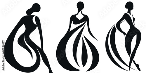 Three dancing girls in vector. Black female silhouette. Dance studio logo design concept.