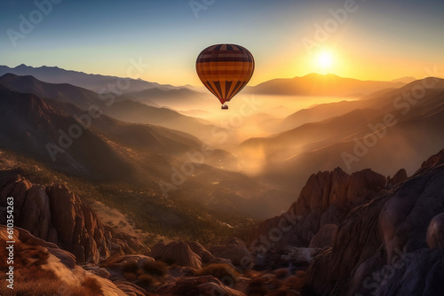 Inspirational beautiful landscape with hot air balloon flying in the sky above high mountain at sunrise or sunset, travel destination advertisement, active leisure or adventure concept. Generative AI