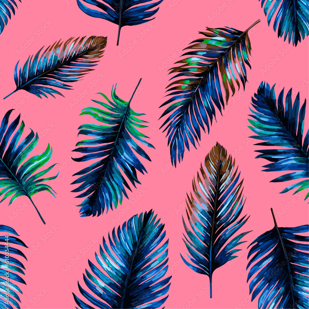 Palm Leaves leaves seamless pattern on white background. Illustration in watercolor style. Exotic graphic design. Vector file for jungle background.