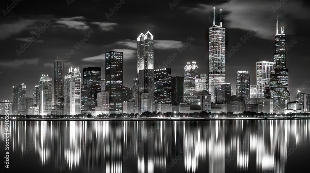 Obraz premium Chicago skyline at night with reflection in river, USA. Generative AI.