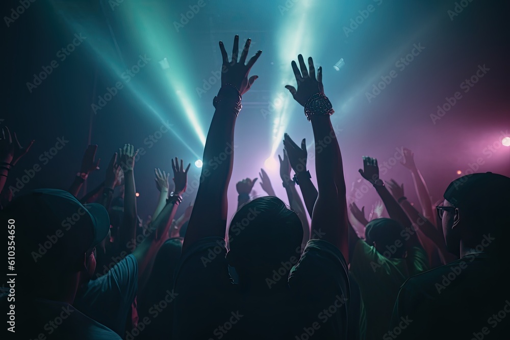 group of young people dancing and jumping to the beat of electronic music concert festival. Generative AI group of young people dancing and jumping to the beat of electronic music concert festival. Generative AI
