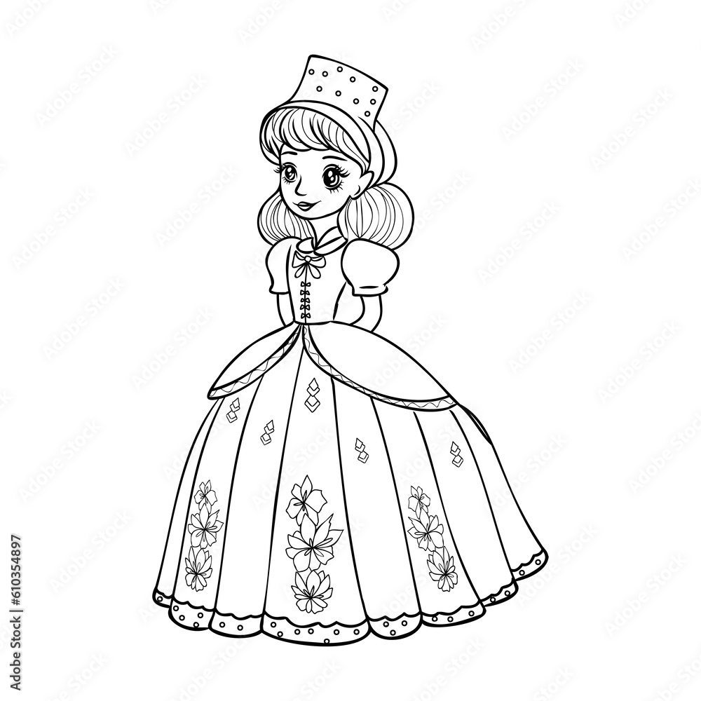 Cute cartoon girl dressed ball dress and tiara outline for coloring on a white background Cute cartoon girl dressed ball dress and tiara outline for coloring on a white background