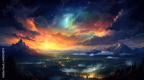 art illustration banner background panorama nature landscape with galaxy sky, Generative Ai