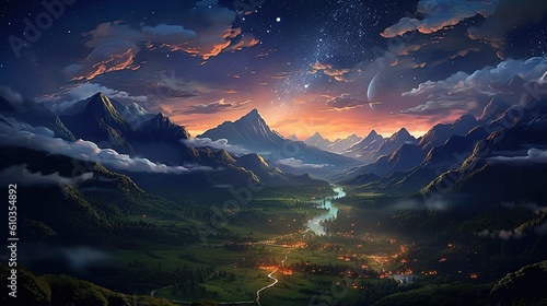 art illustration banner background panorama nature landscape with galaxy sky, Generative Ai © QuietWord