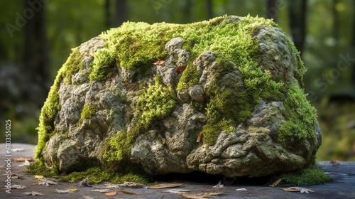 Rock with green moss and grass on a dark background, podim rock for product presentation, mockup. Generative AI.
