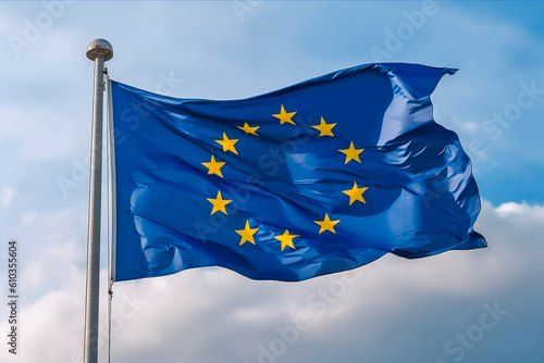 Flag of the European Union on flag pole fluttering in the wind with bright blue sky and light clouds in the background. Generative AI.