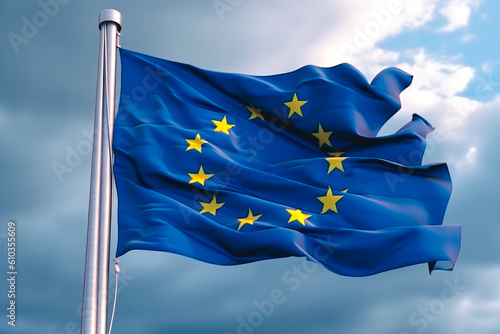 Flag of the European Union on flag pole fluttering in the wind with bright blue sky and light clouds in the background. Generative AI.