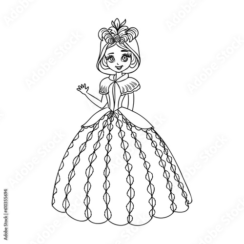 Cute cartoon girl dressed ball dress and tiara outline for coloring on a white background