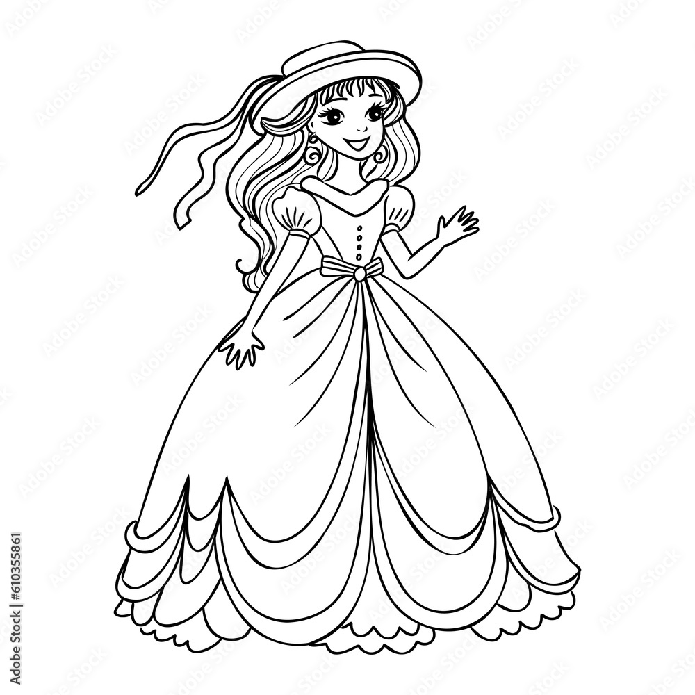 Cute cartoon girl dressed ball dress and tiara outline for coloring on a white background Cute cartoon girl dressed ball dress and tiara outline for coloring on a white background