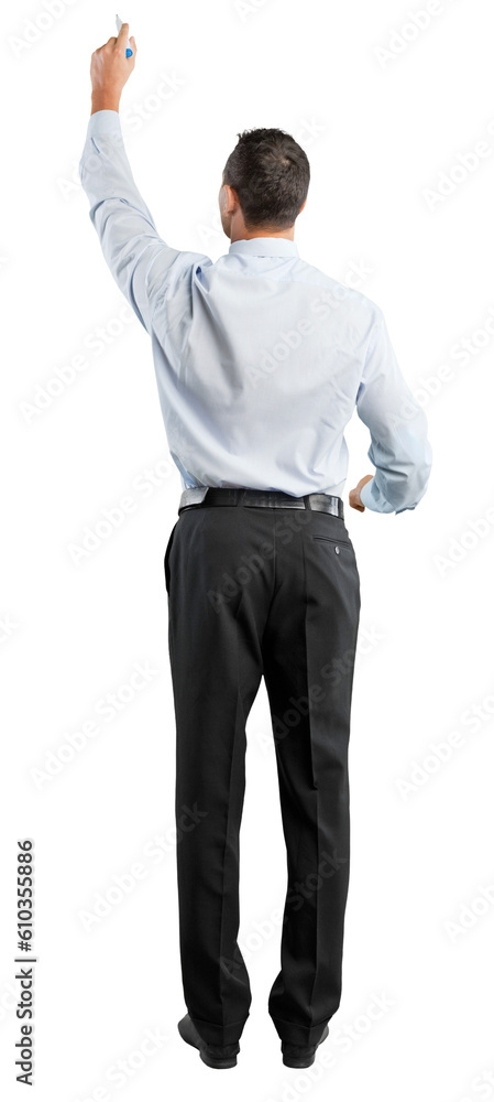 Business man standing drawing on virtual screen Business man standing drawing on virtual screen