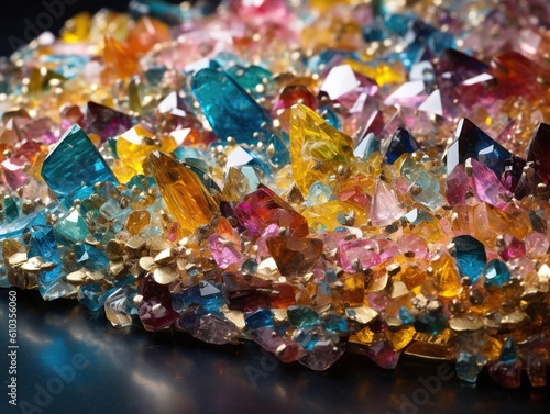 Kristallklares Kaleidoskop: Farbenfrohe Kristalle auf einem Tisch in 8K-Auflösung, präsentiert mit polierter Handwerkskunst und auffälligen, klaren Farben