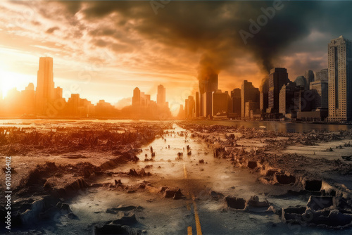 Aftermath of an end of a global warming, cracked earth and the city in the background, sunset. Generative AI
