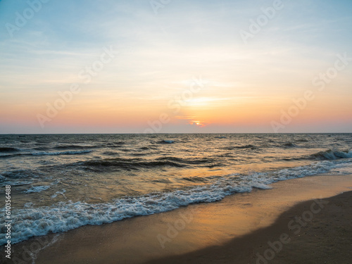 Panorama front viewpoint landscape travel summer sea wind wave cool on holiday calm coastal big sun set sky light orange golden Nature tropical Beautiful evening hour day At Bang san Beach Thailand.