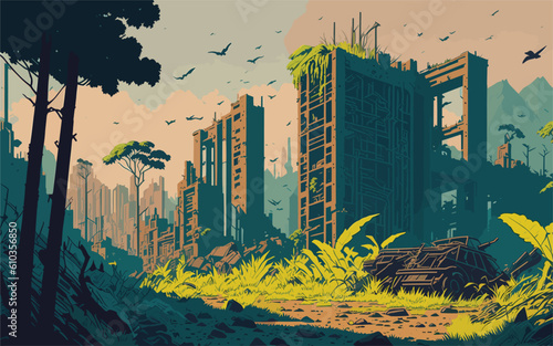 complex vector-style background image depicting a post-apocalyptic wasteland, with crumbling buildings, overgrown vegetation, and hints of a once thriving civilization.
