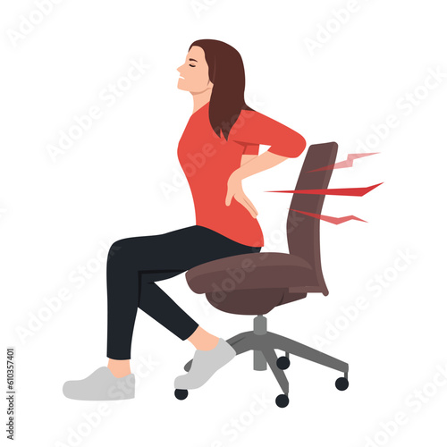 Frustrated woman suffering from back pain, massaging loins, sitting on uncomfortable office chair at workplace. Flat vector illustration isolated on white background