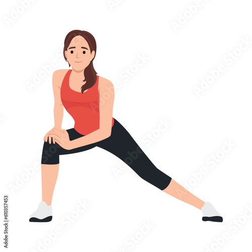 Woman doing Hip Flexor Stretches to Release Tightness and Gain Flexibility in Your Hips. Flat vector illustration isolated on white background