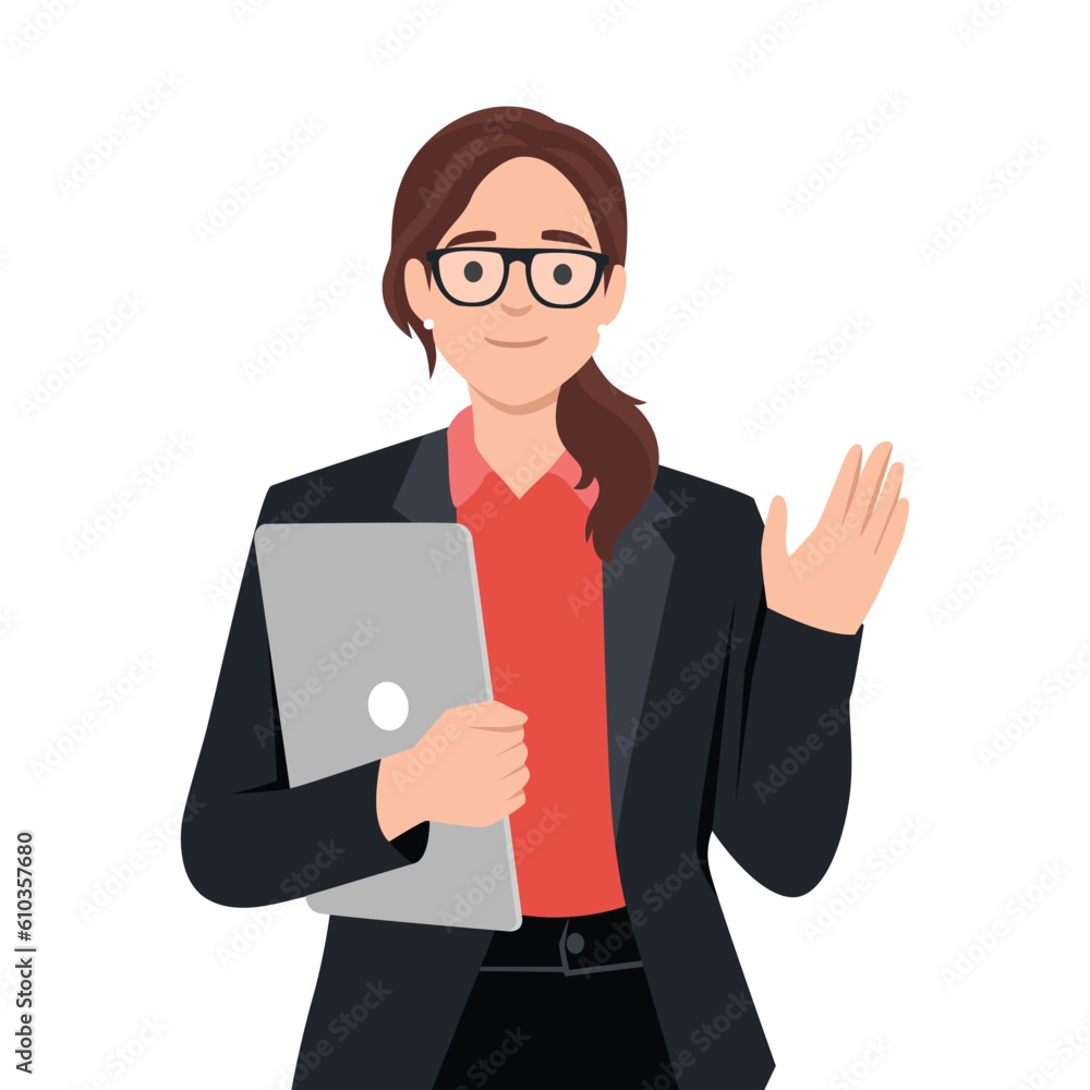Illustration of business woman holding paper and say hi with smile face. Flat vector illustration isolated on white background Illustration of business woman holding paper and say hi with smile face. Flat vector illustration isolated on white background