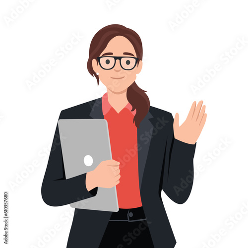 Illustration of business woman holding paper and say hi with smile face. Flat vector illustration isolated on white background