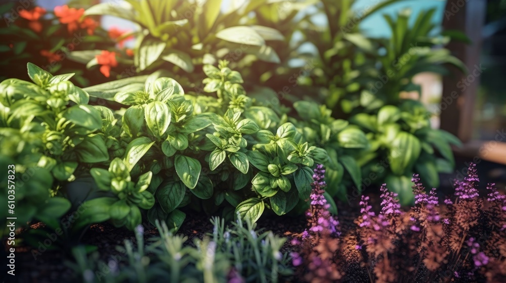 basil plant in a garden, surrounded by other herbs and flowers basil plant in a garden, surrounded by other herbs and flowers