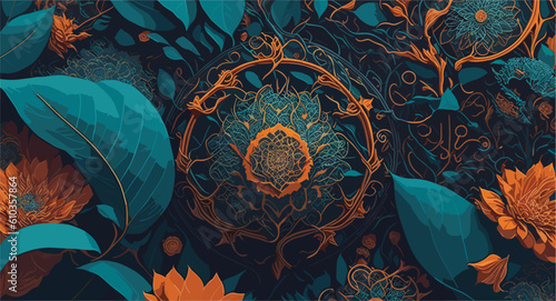vector-based background image that combines organic and technological elements, blending intricate floral motifs with futuristic circuitry patterns