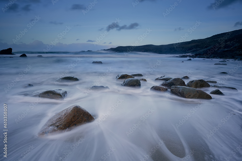 Long exposure of waves on beach. Rosguill peninsula, County Donegal, Ireland, Dooey village